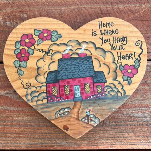 Vintage 80s Wooden Heart Wall Plaque “Home Is Where You Hang Your Heart” Sign - Picture 7 of 15